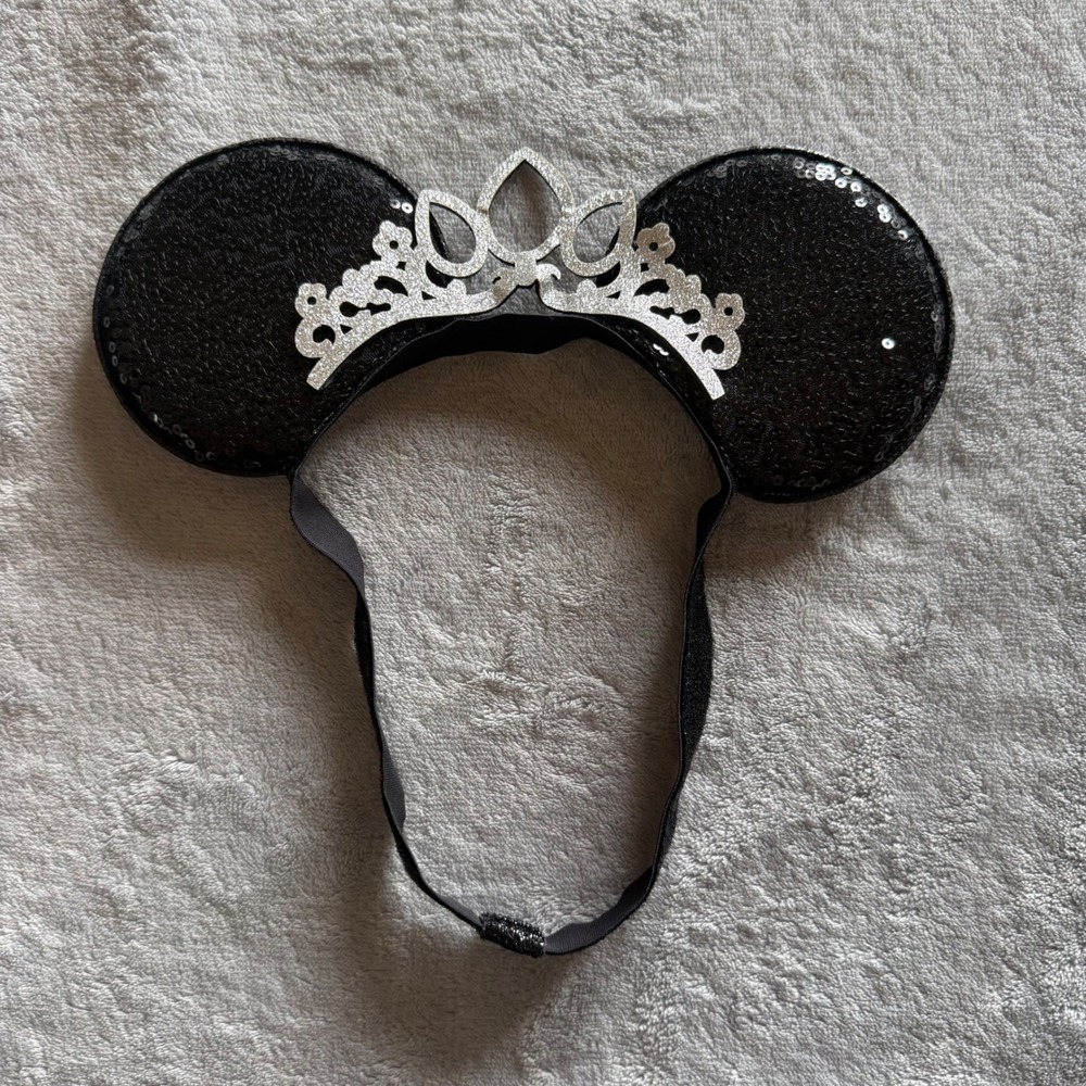 Black Sequin Mouse Ears Headband Silver Glitter Tiara Princess Crown - N480